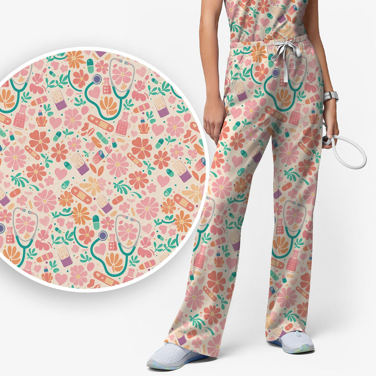 Medical Floral Nurse Scrub Set