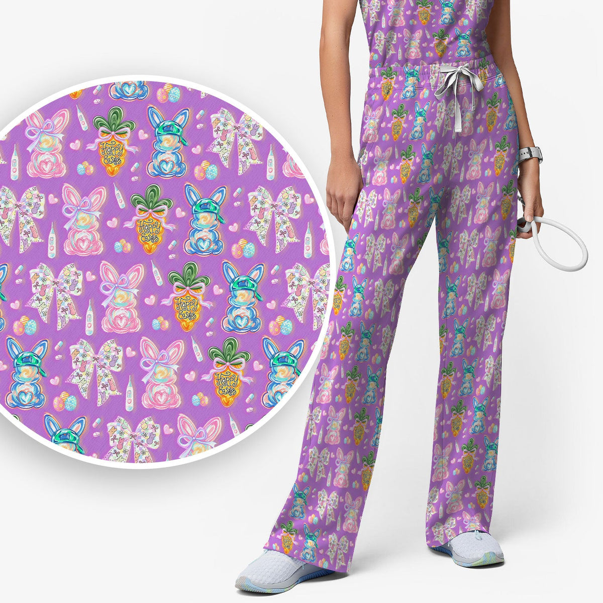 Bunny Carrot Bow Nurse Scrub Set - Easter Gift