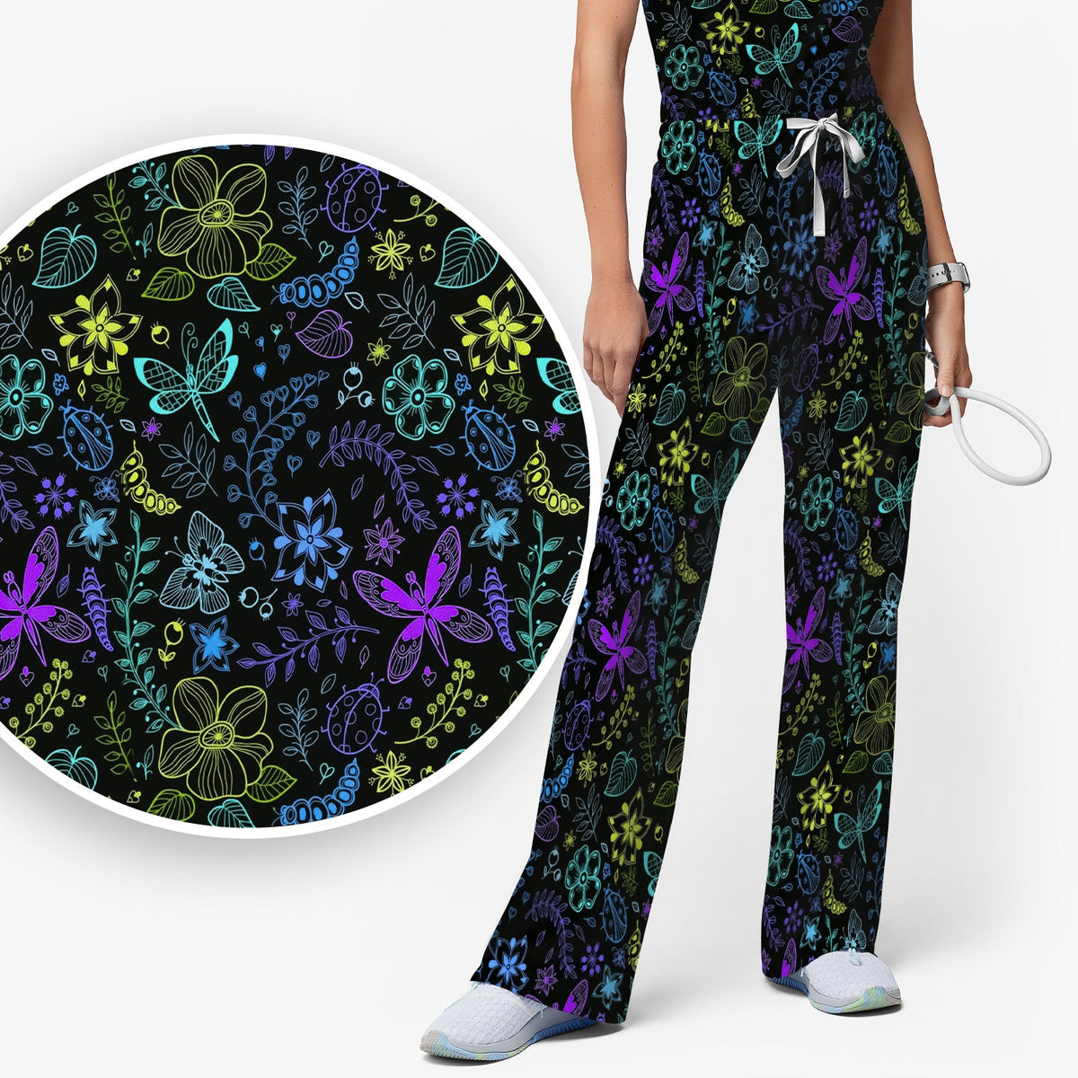Neon Butterfly Floral Garden Nurse Scrub Set