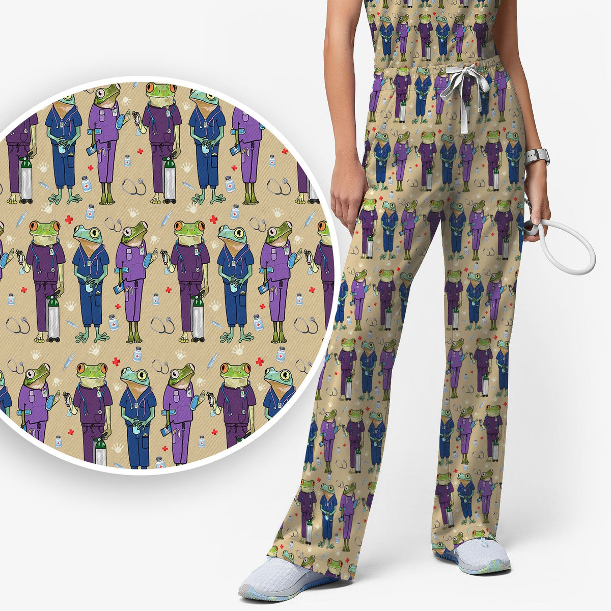 Funny Frog Nurse Pattern Scrub Set, Scrub Pants and V Neck Top