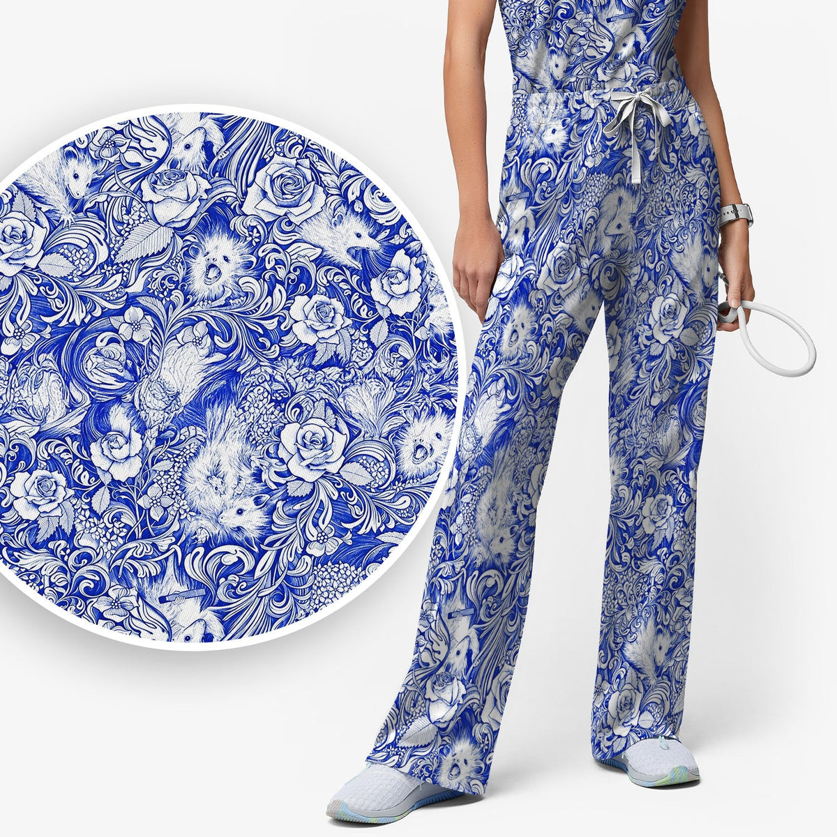 Blue Floral Opossum And Roses Nurse Scrub Set
