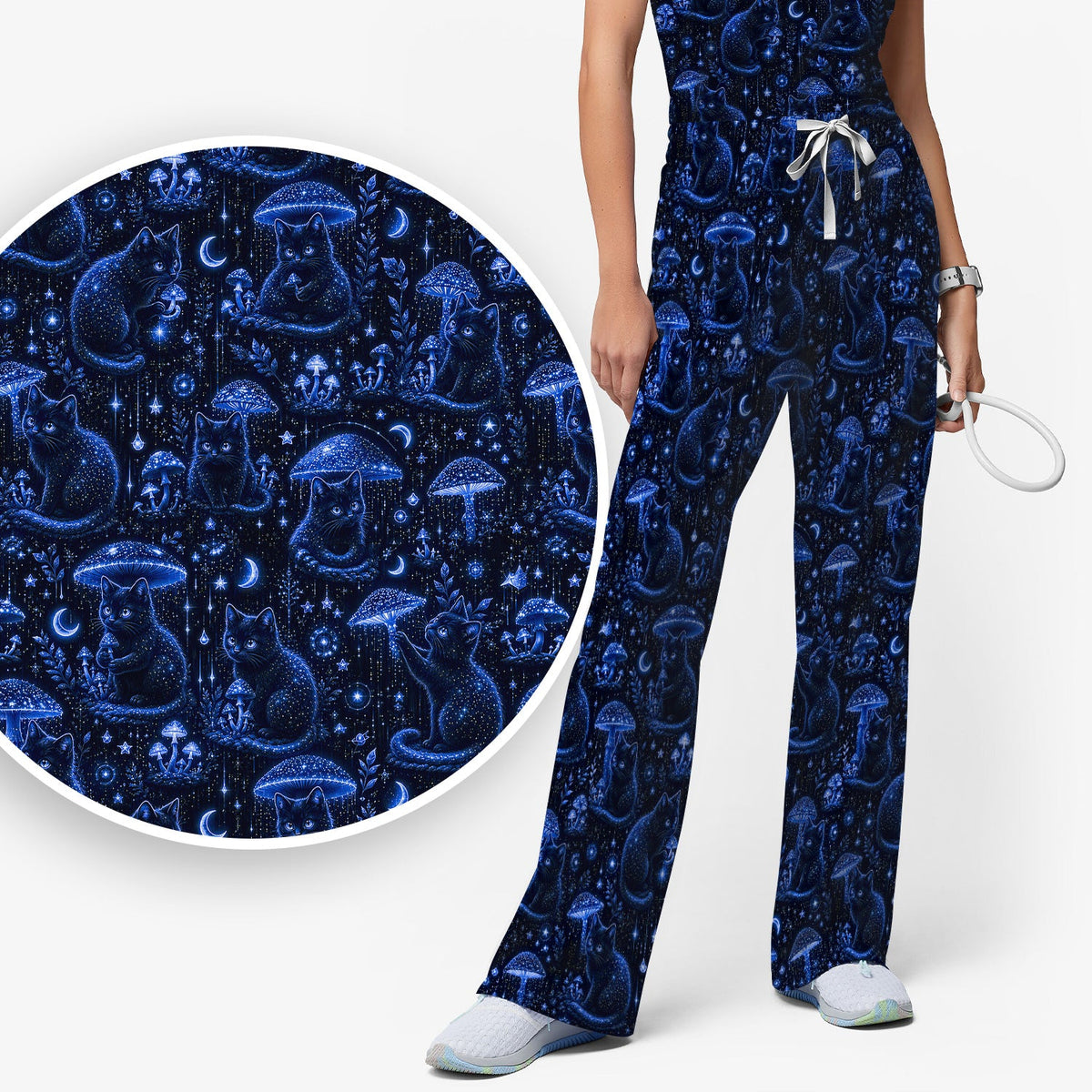 Celestial Black Cat Mushroom Nurse Scrub Set