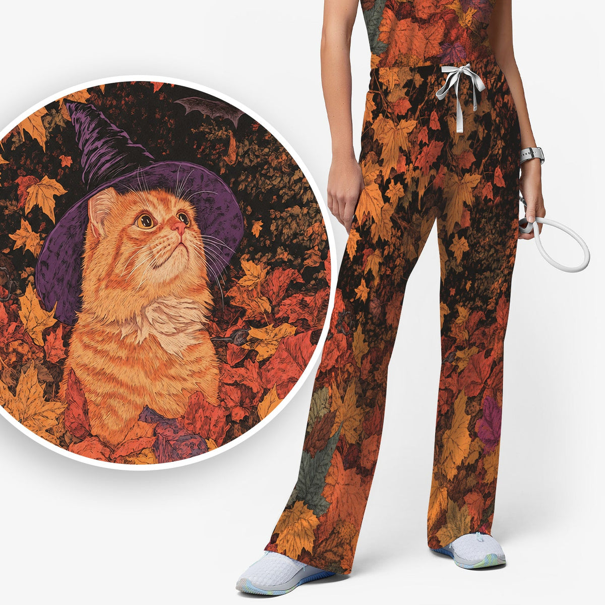 Autumn Cat Fall Leaves Nurse Scrub Set