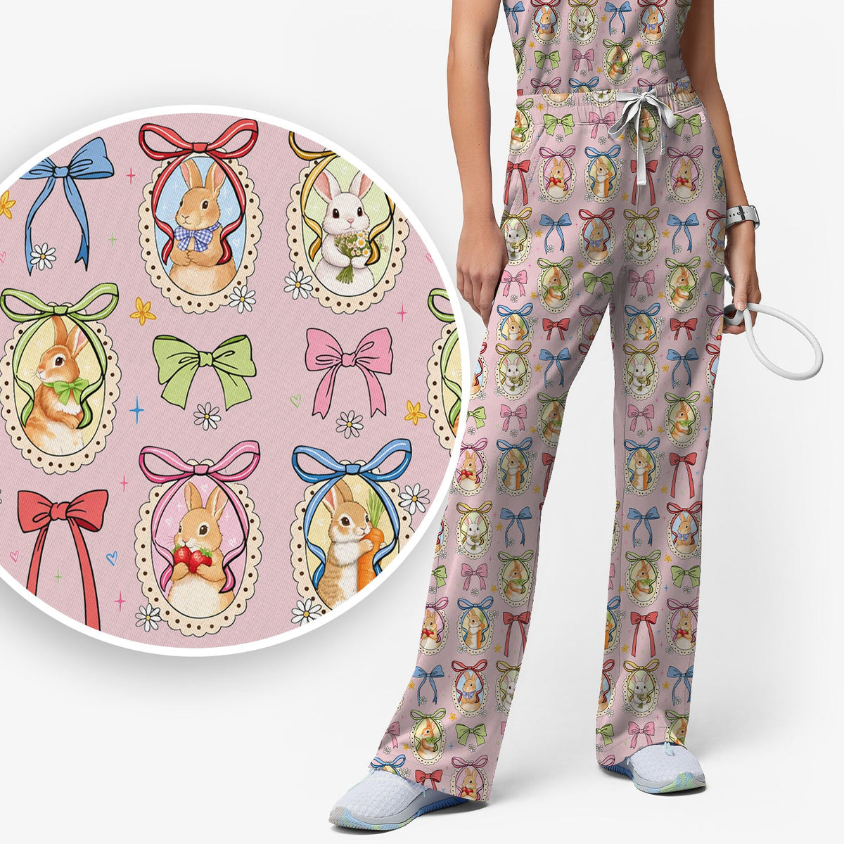 Bunny Cameo Bow Nurse Scrub Set - Easter Gift