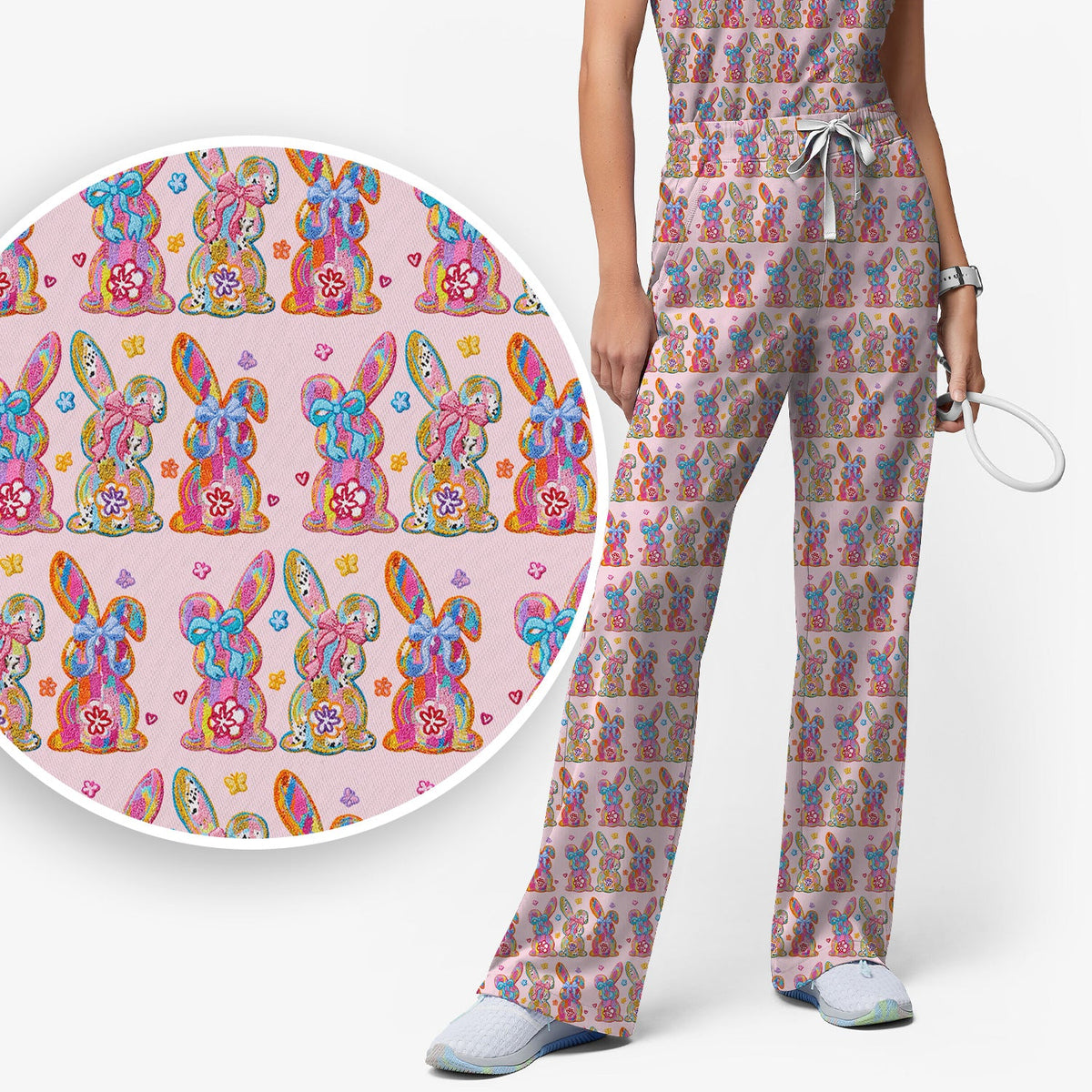 Pastel Bunny Floral Nurse Scrub Set