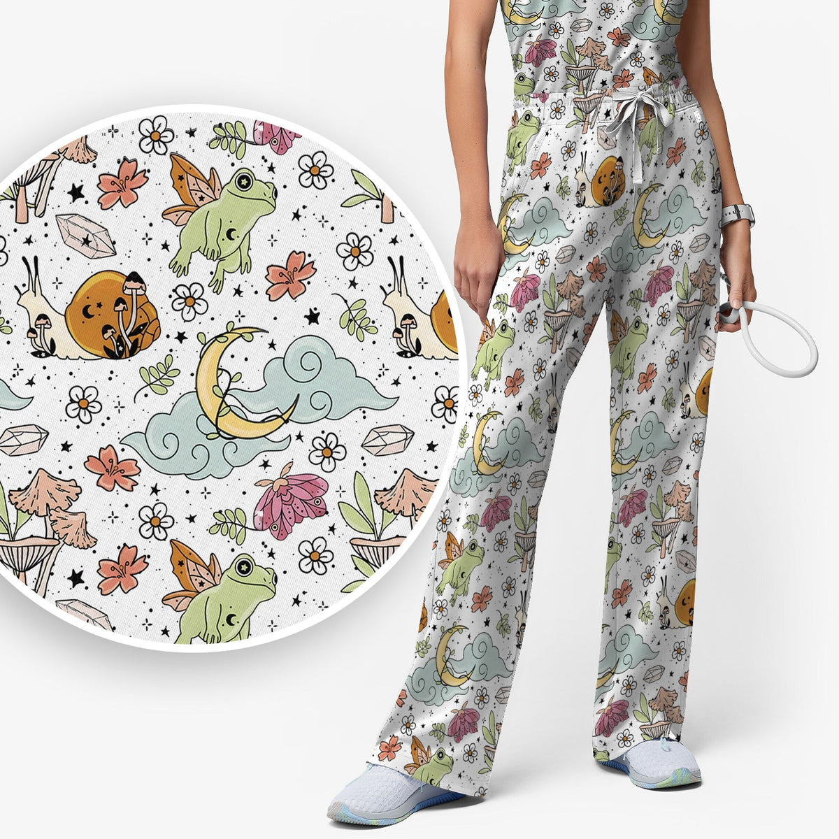 Whimsical Frog Moon Mushroom Nurse Scrub Set