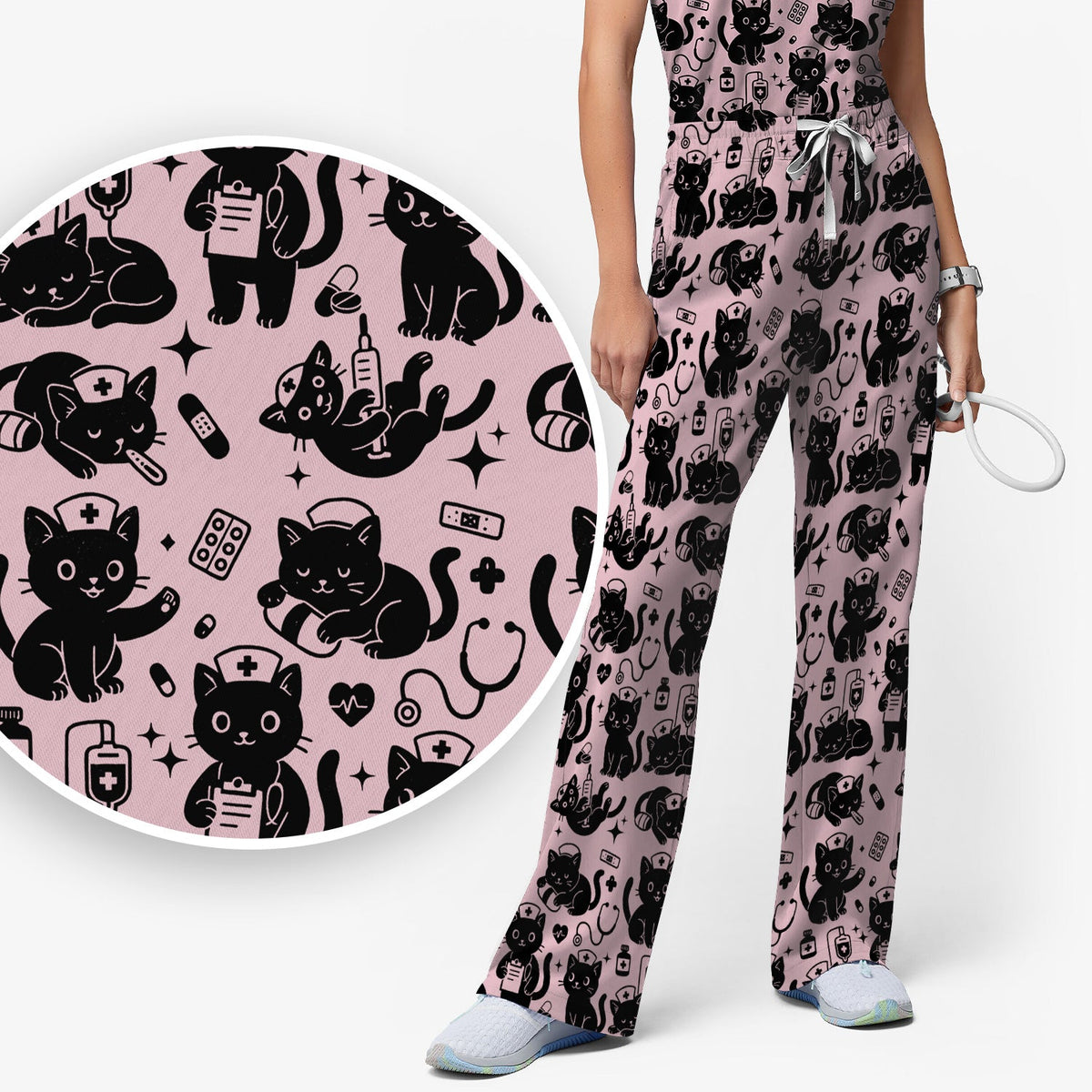 Cute White Black Cat Nurse Scrub Set