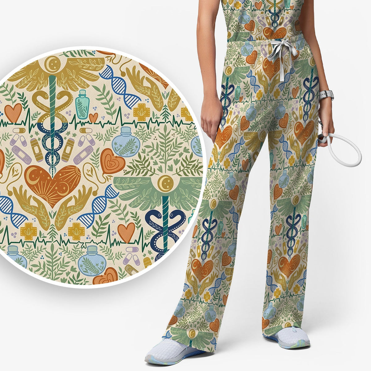 Botanical Caduceus Heart Nurse Scrub Set