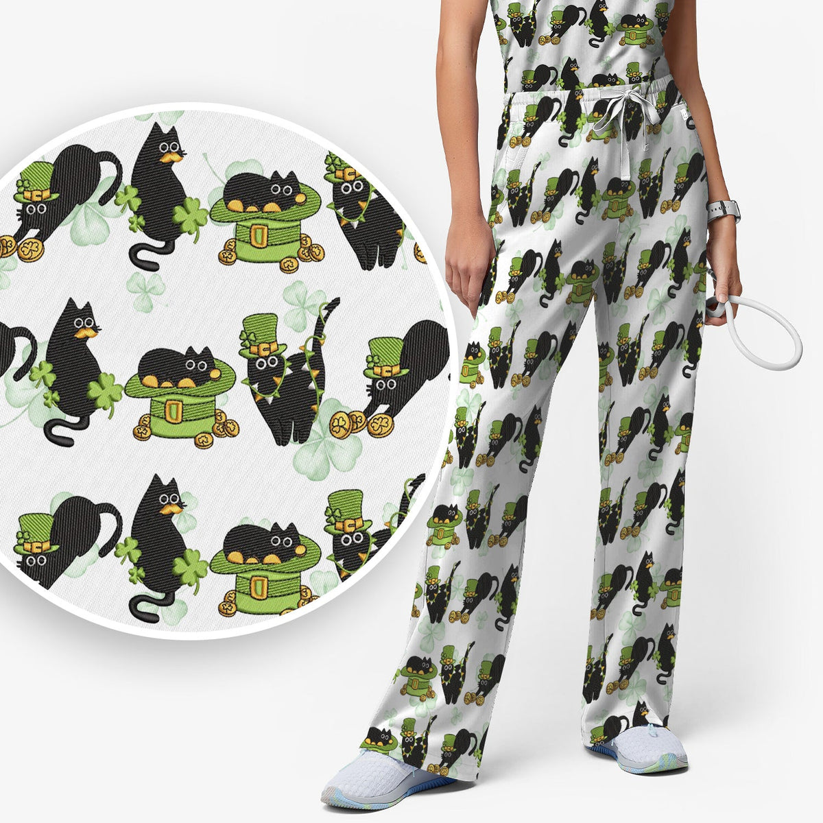 St Patrick Black Cat Clover Nurse Scrub Set