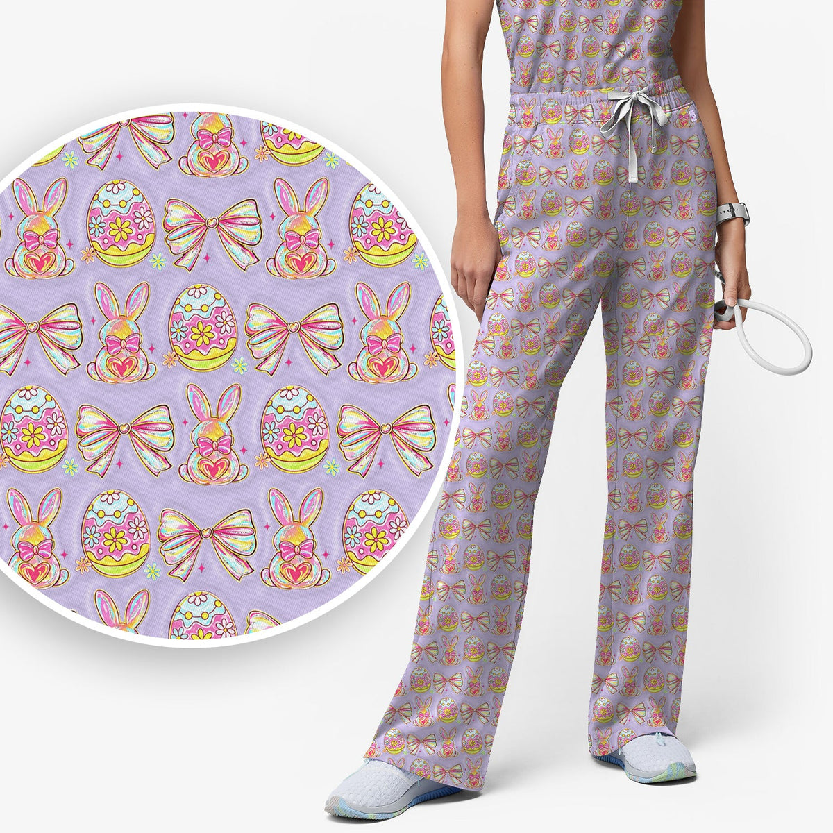 Bunny Pastel Egg Bow Nurse Scrub Set - Easter Gift