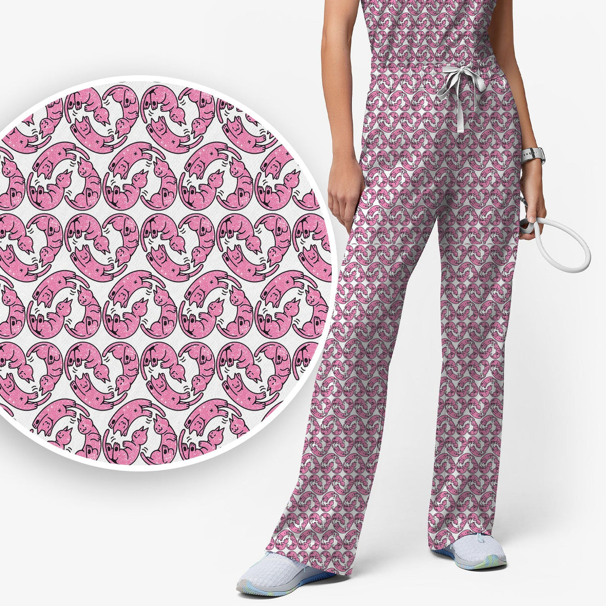 Pink Cat Cartoon Nurse Scrub Set