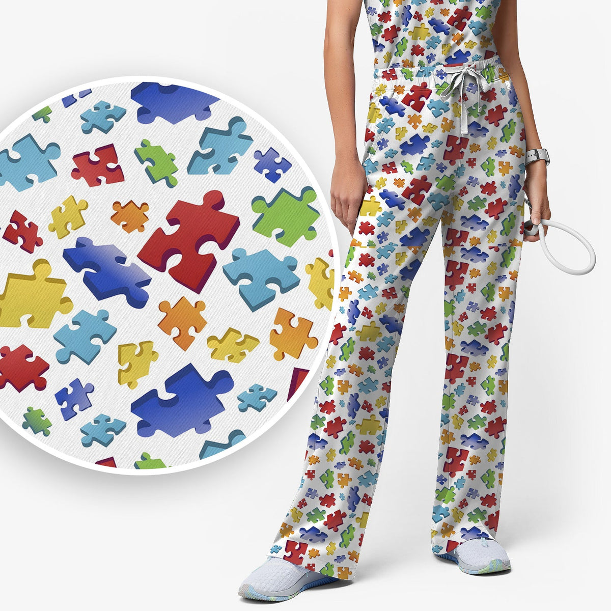 Colorful Scattered Puzzle Piece Nurse Scrub Set