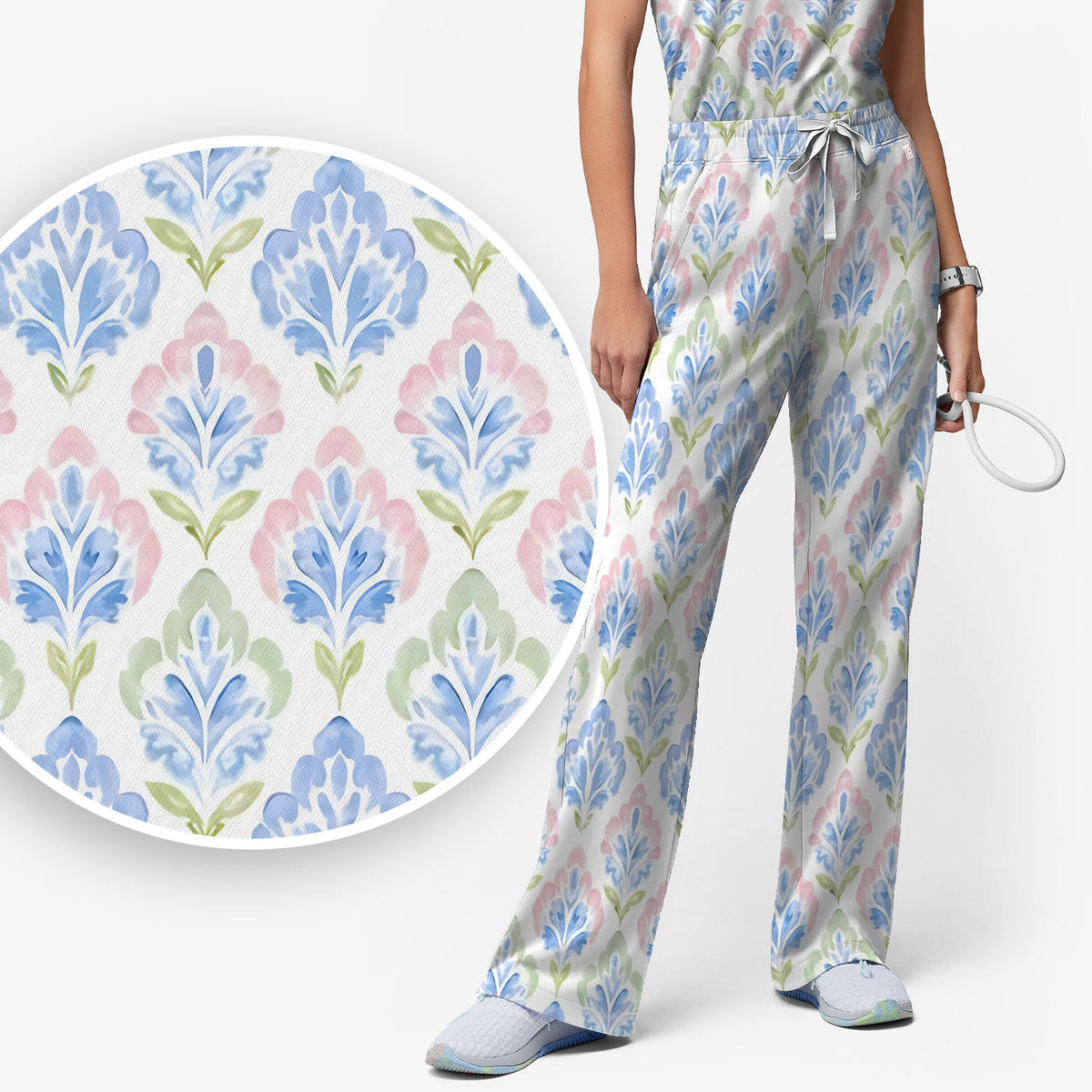 Blue Floral Damask Nurse Scrub Set