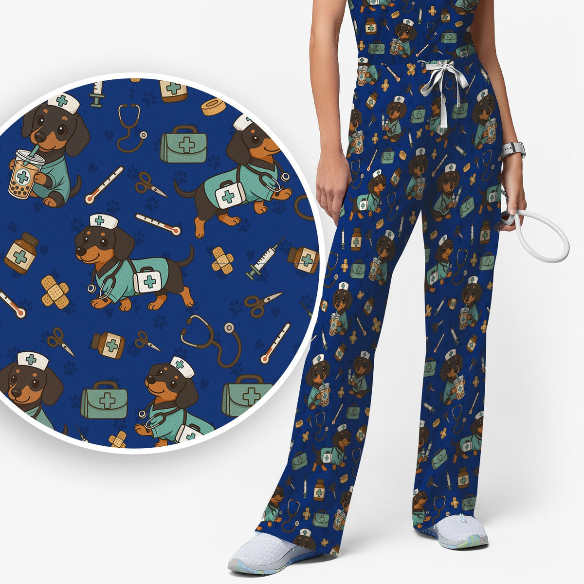 Funny Dachshund Nurse Scrubs Set - Cute Dog Print Medical Shirt - Holiday Nurse Scrub Top Gift for RN CNA Doctor, Women & Men