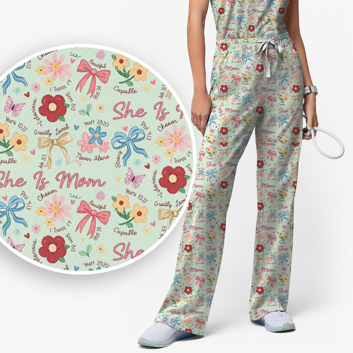 She Is Mom Flower Bow Nurse Scrub Set