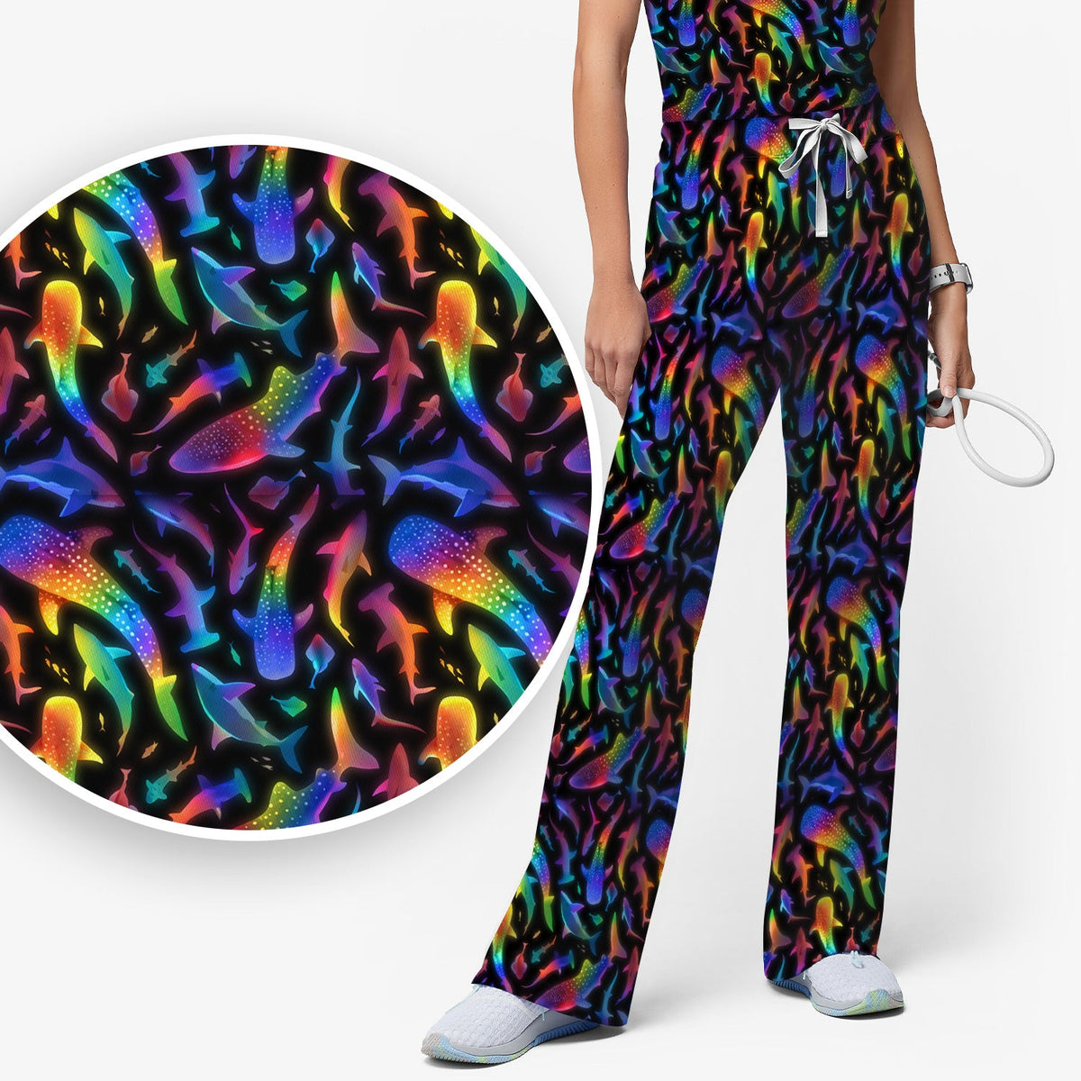 Vibrant Rainbow Shark Nurse Scrub Set