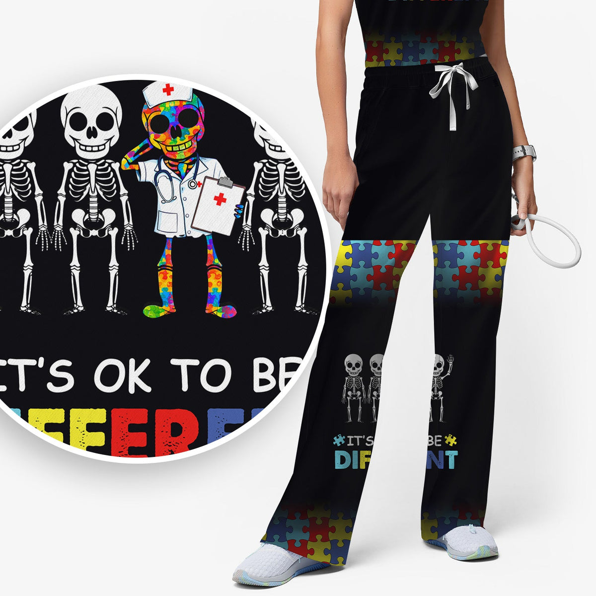 Autism Puzzle Skeleton It's OK To Be Different Nurse Scrub Set