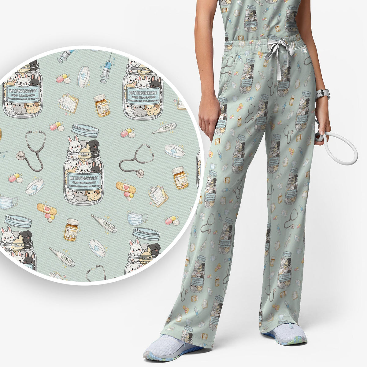 Whimsical Antidepressant Rabbit Jar Nurse Scrub Set