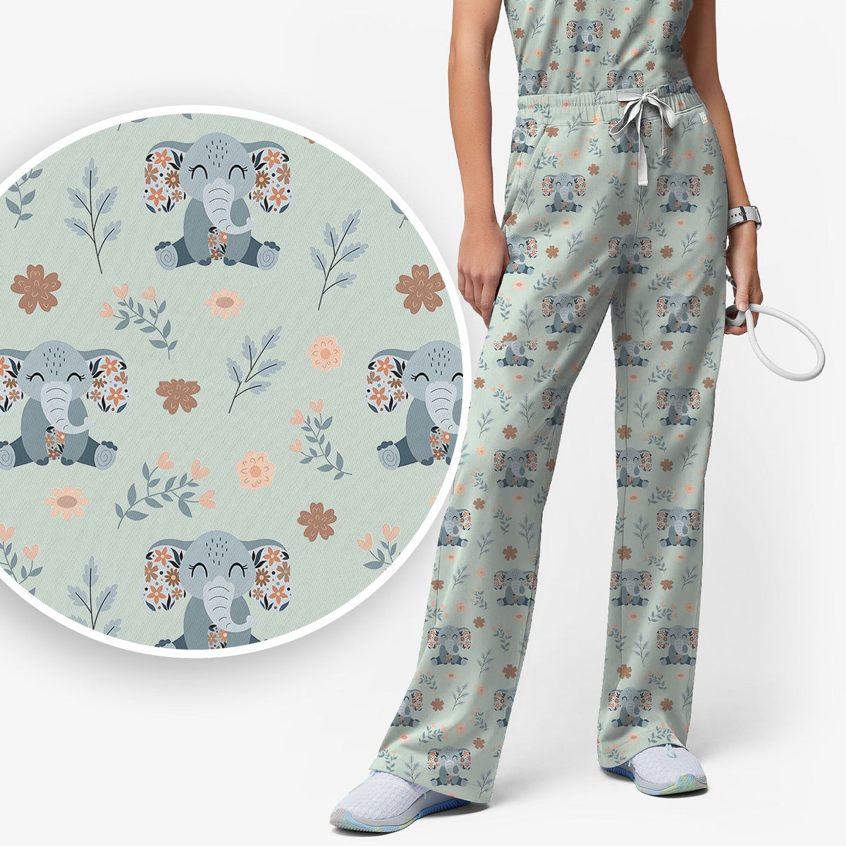 Cute Elephant Floral Print Scrub Set, Scrub Pants and V Neck Top