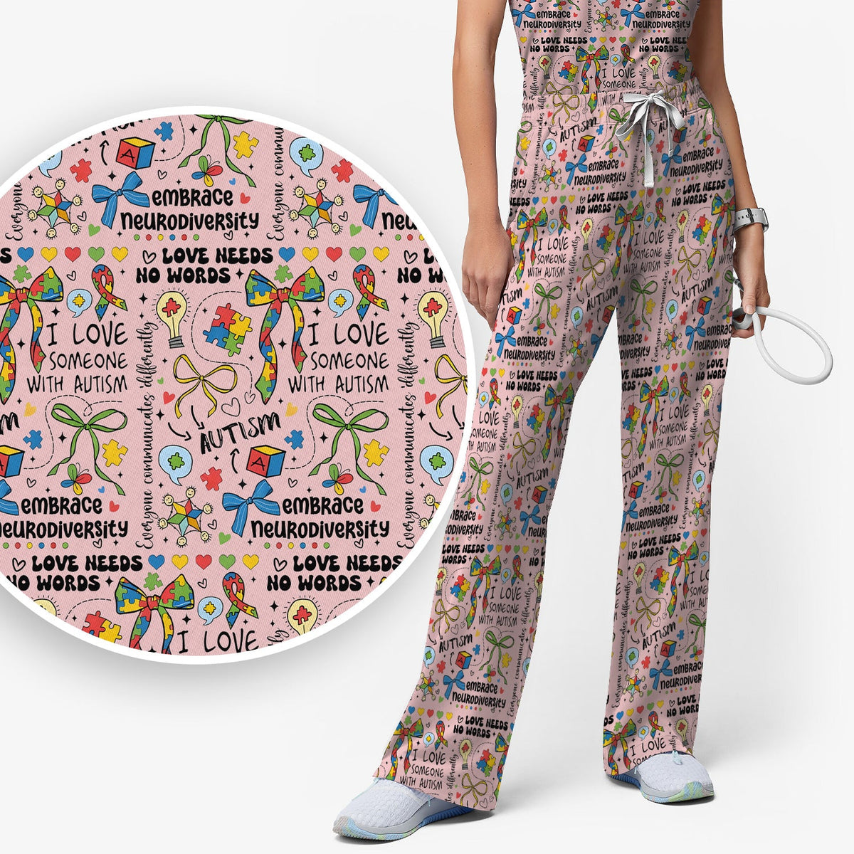Autism Awareness Puzzle Ribbon Pastel Nurse Scrub Set