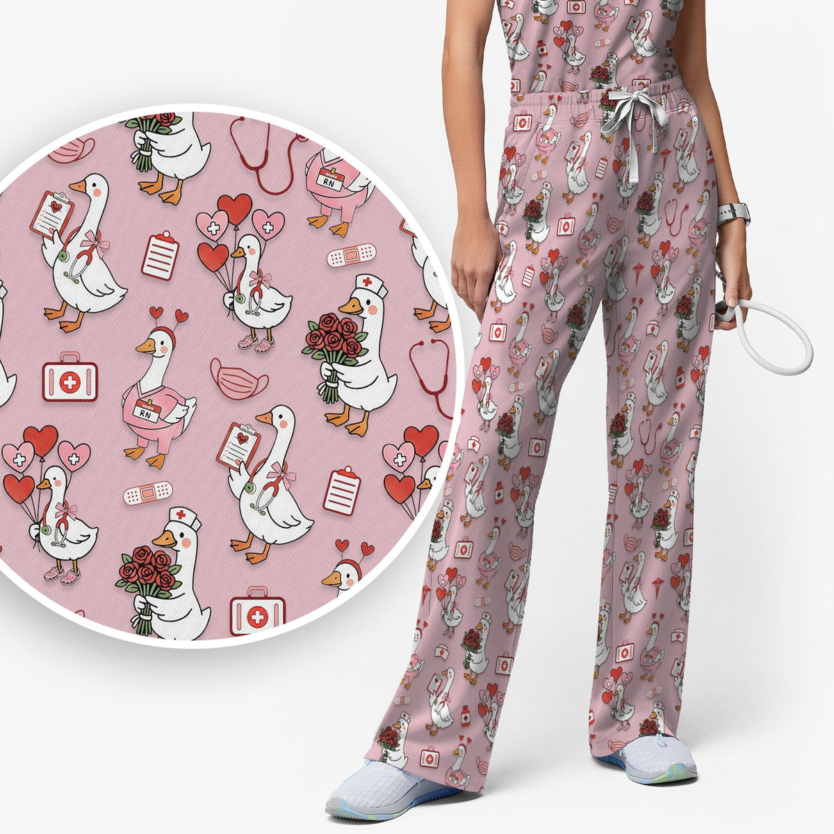 Cute Goose Nurse Medical Pattern Scrub Set, Women's Scrub Sets