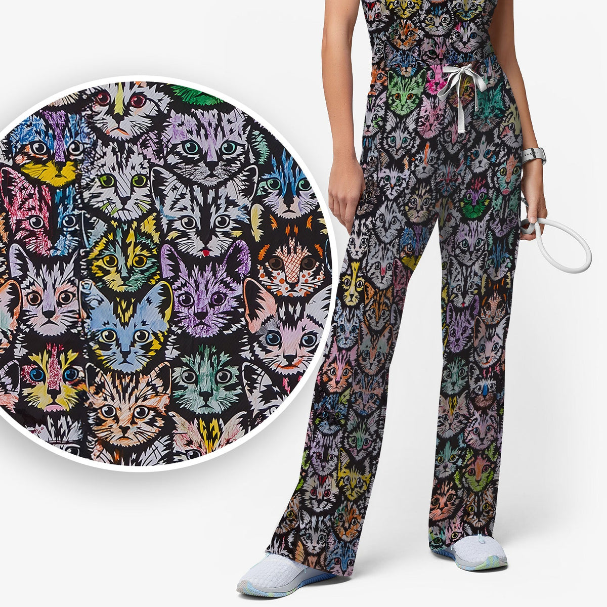 Colorful Cat Faces Nurse Scrub Set