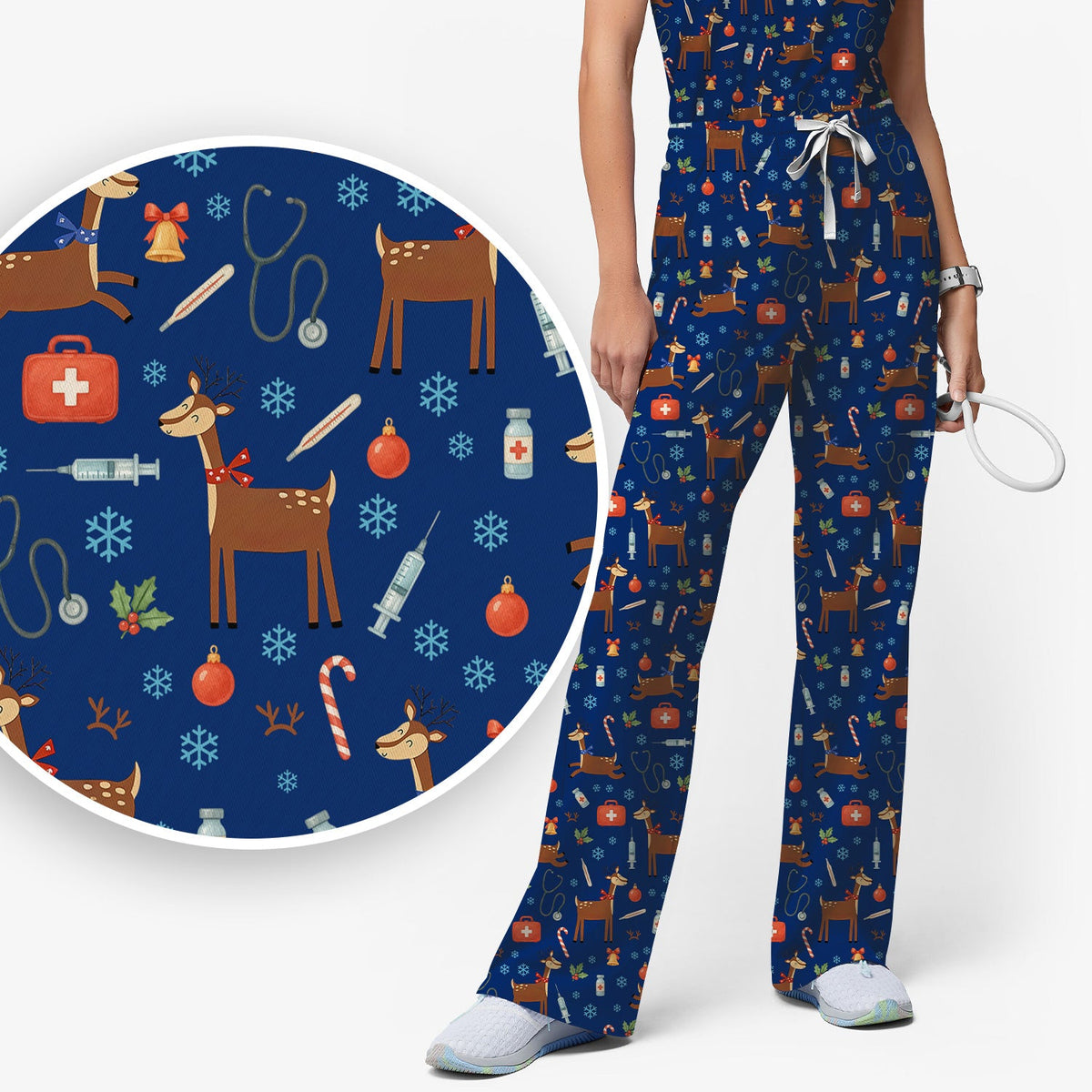 Christmas Reindeer Snowflakes Candy Cane Nurse Scrub Set