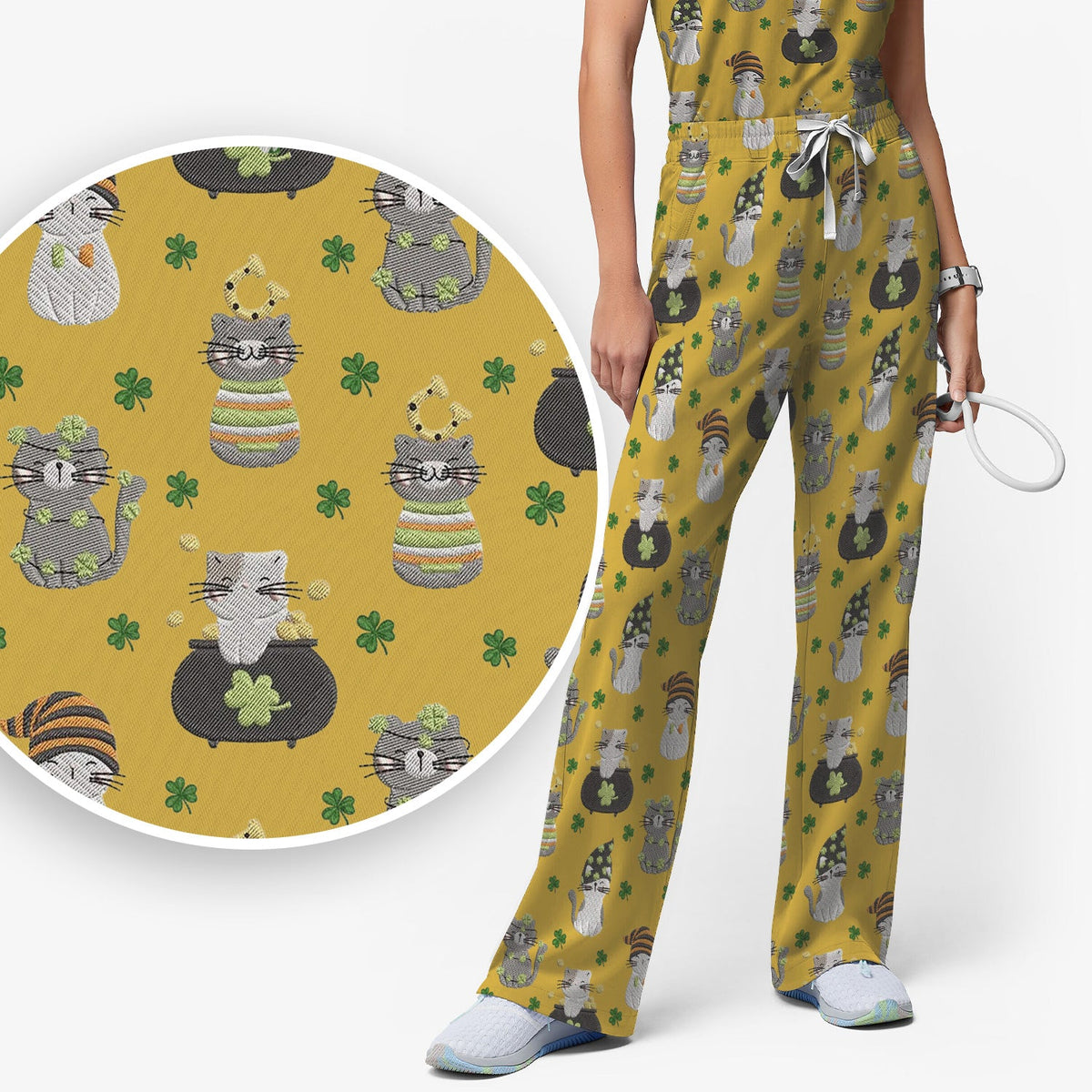 St Patrick Lucky Cat Shamrock Nurse Scrub Set
