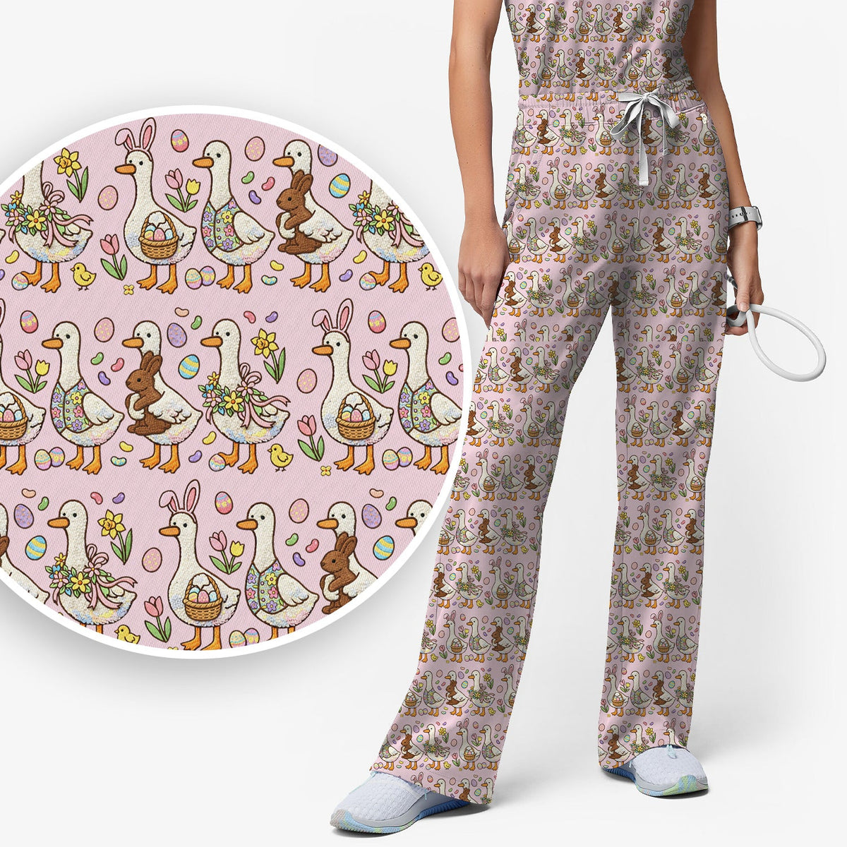 Duck Bunny Egg Floral Nurse Scrub Set - Easter Gift