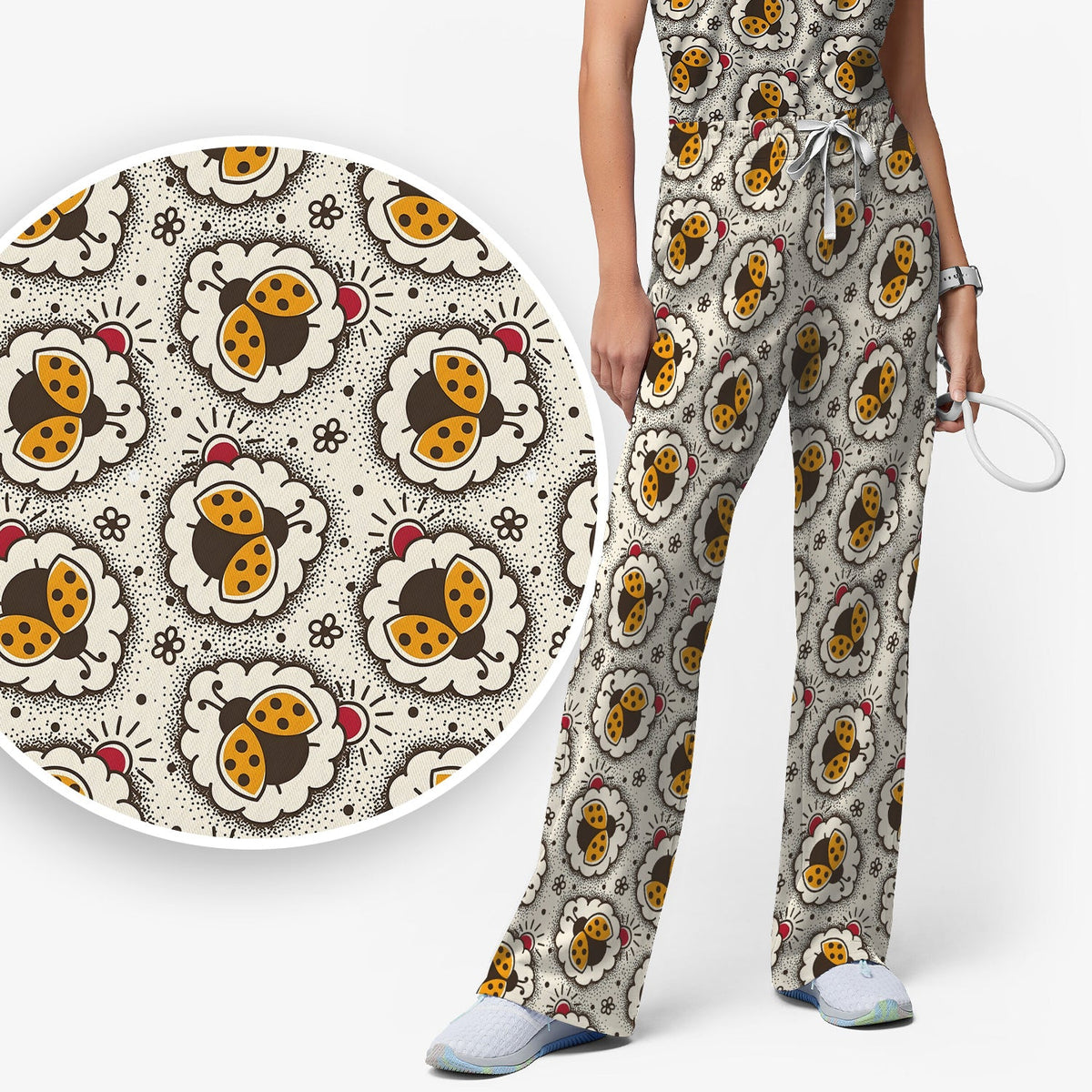Ladybug Floral Frame Nurse Scrub Set