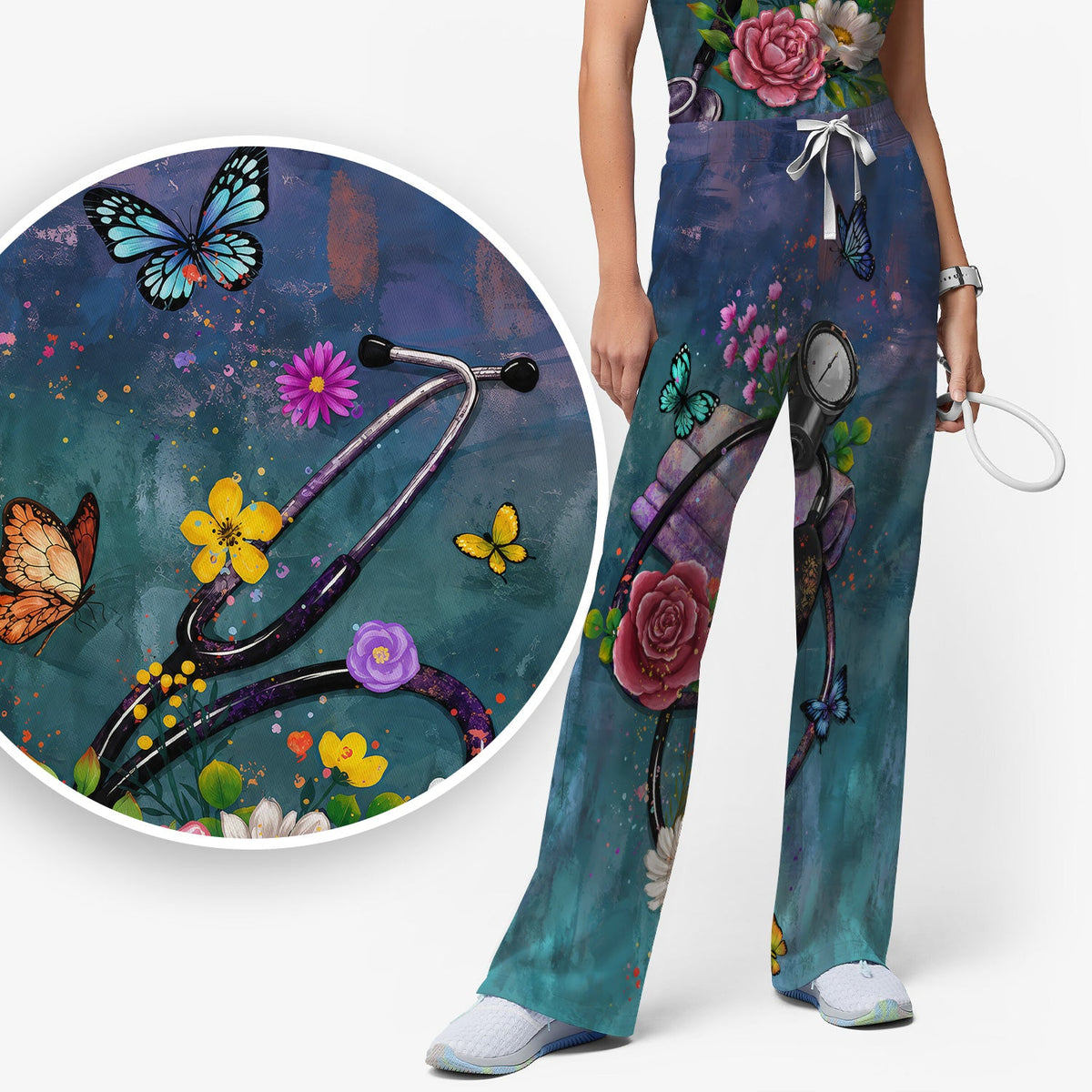 Floral Stethoscope Nurse Scrub Set