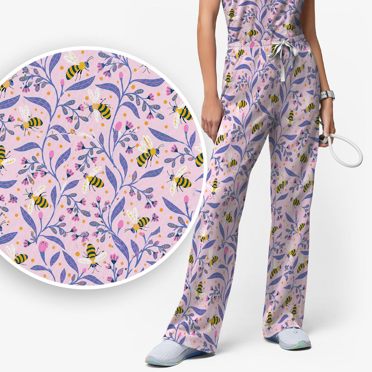 Cute Bumble Bee Floral Nurse Scrub Set