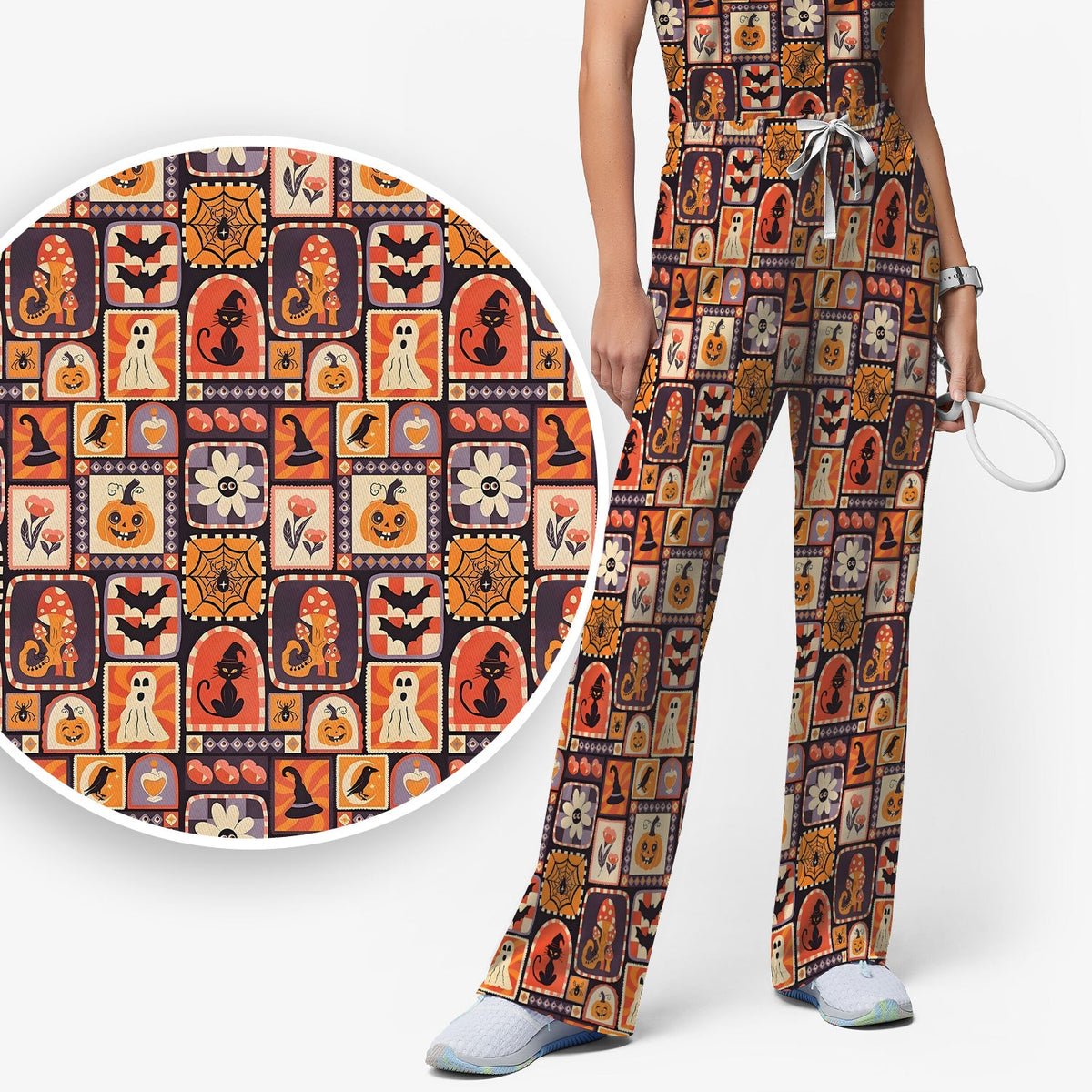 Retro Halloween Patchwork Nurse Scrub Set