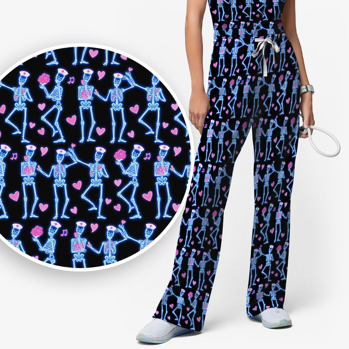 Skeleton Nurse Heart Pattern Scrub Sets, Playful Nurse Style, Scrub Pants and V Neck Top