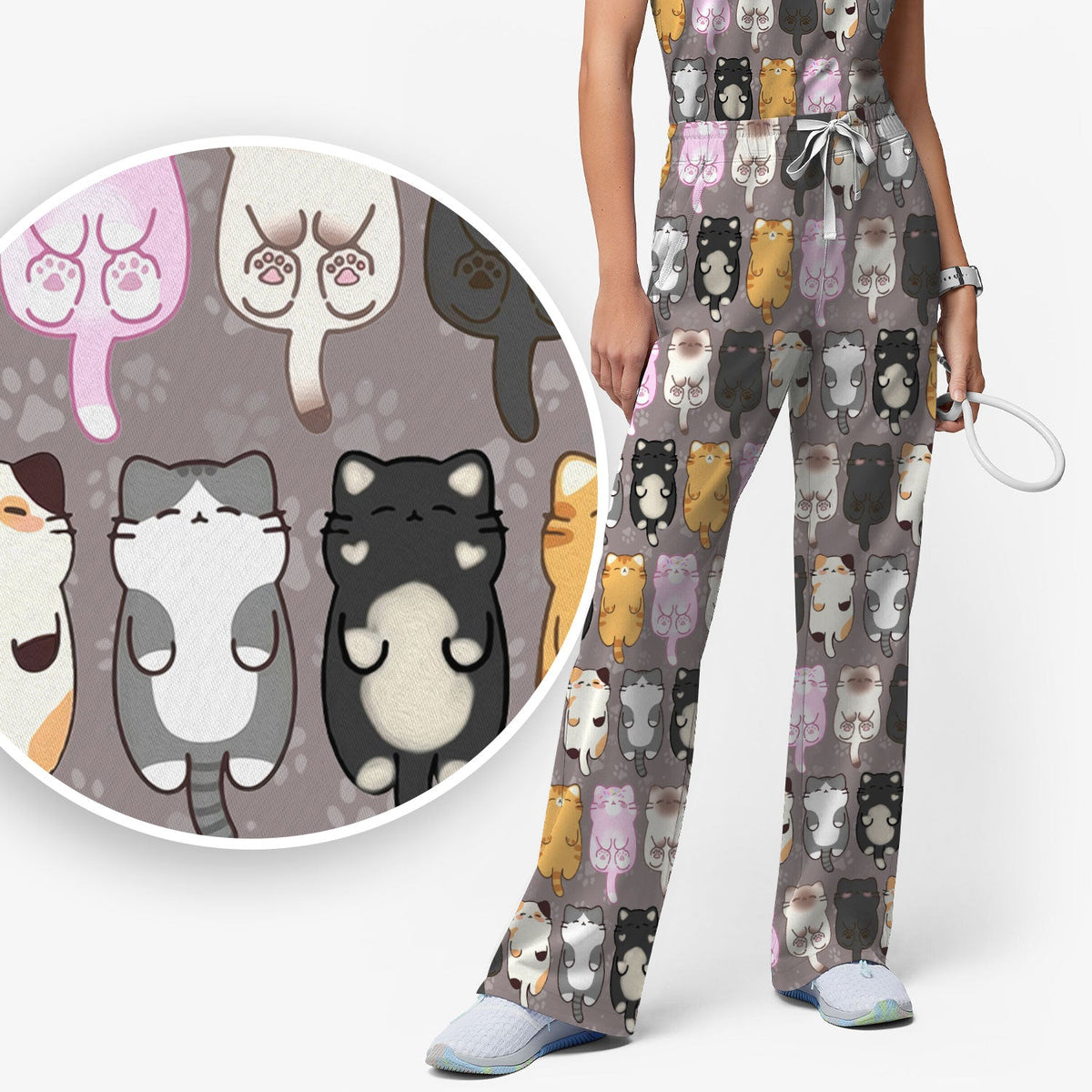 Cartoon Cats All Over Nurse Scrub Set
