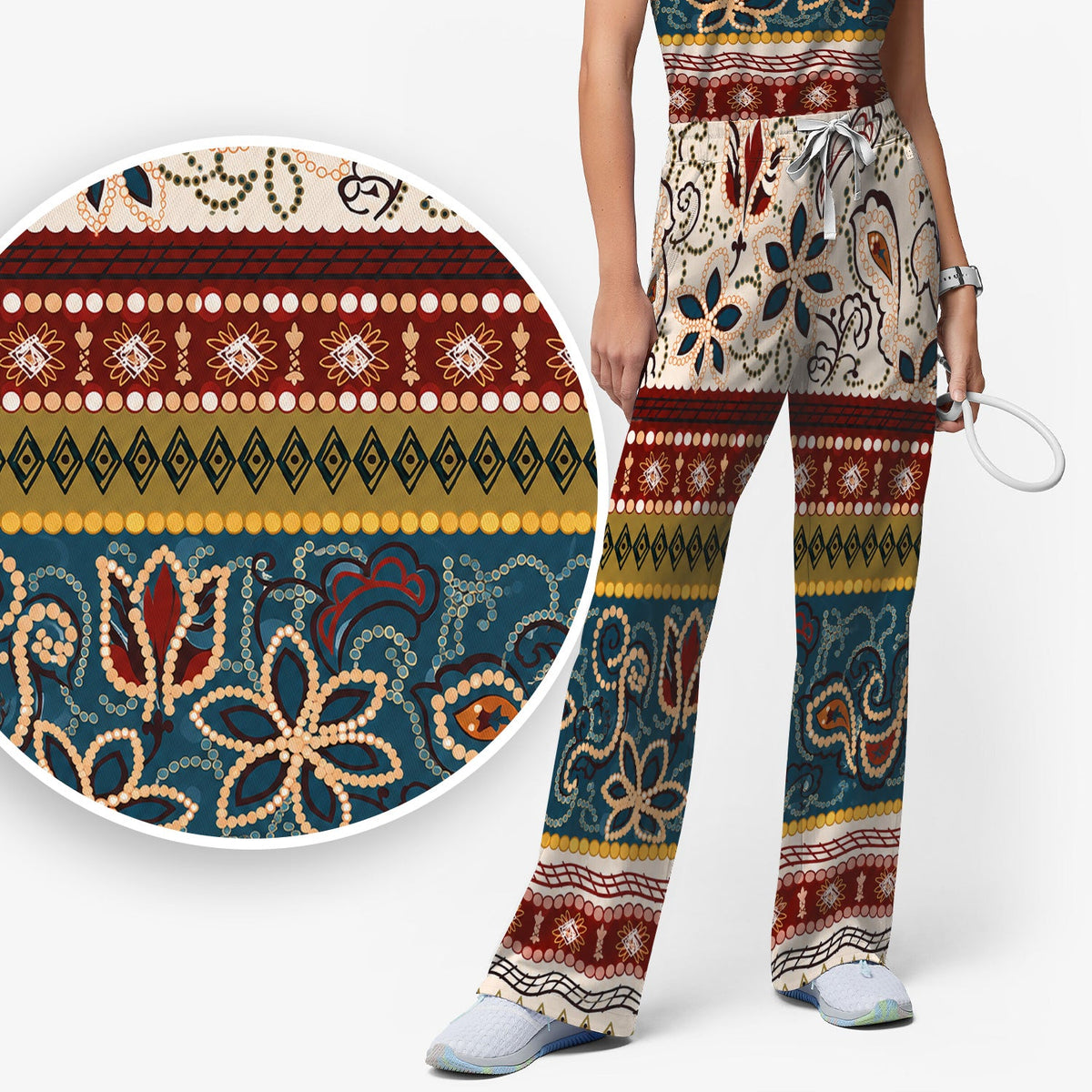 Boho Paisley Floral Stripe Nurse Scrub Set