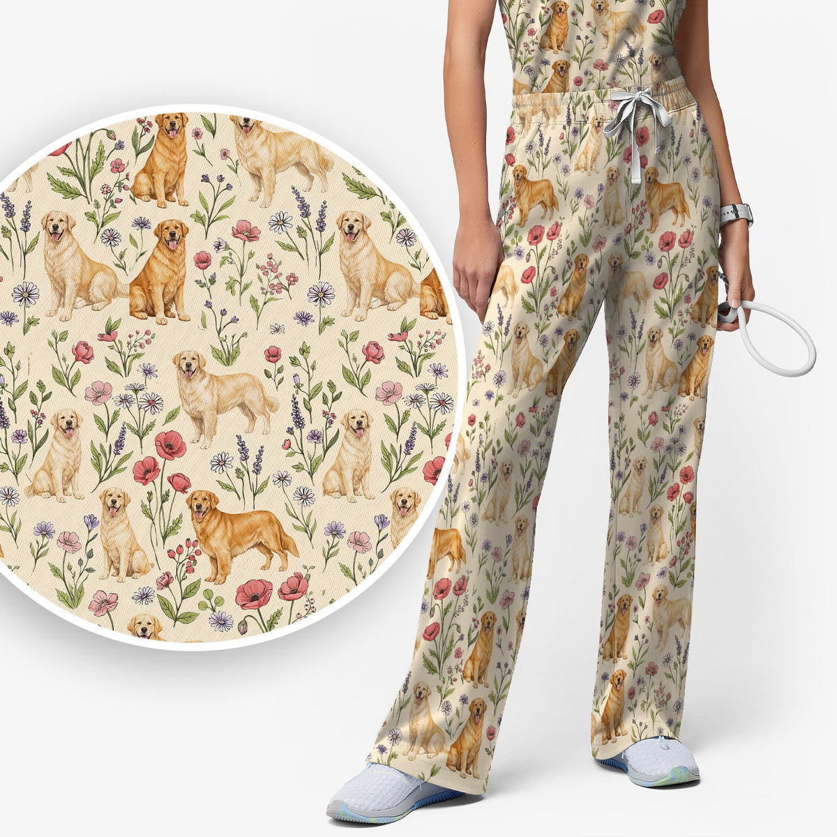 Golden Retriever Floral Nurse Scrub Set