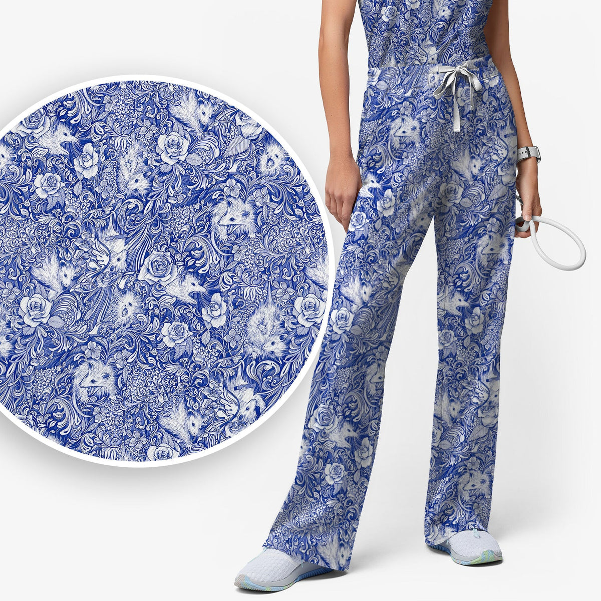 Blue Toile Opossum Floral Nurse Scrub Set