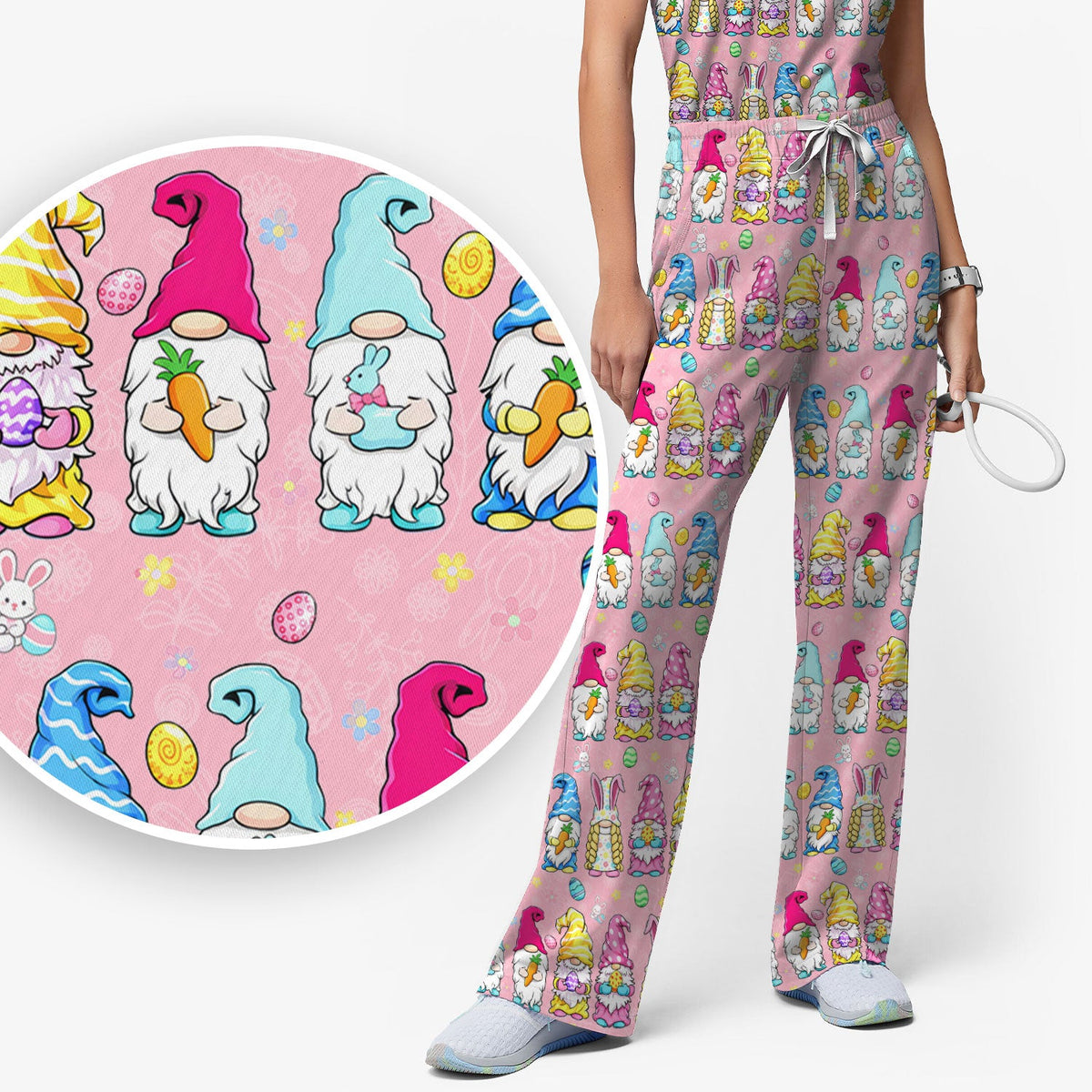 Colorful Easter Gnome Bunny Eggs Nurse Scrub Set