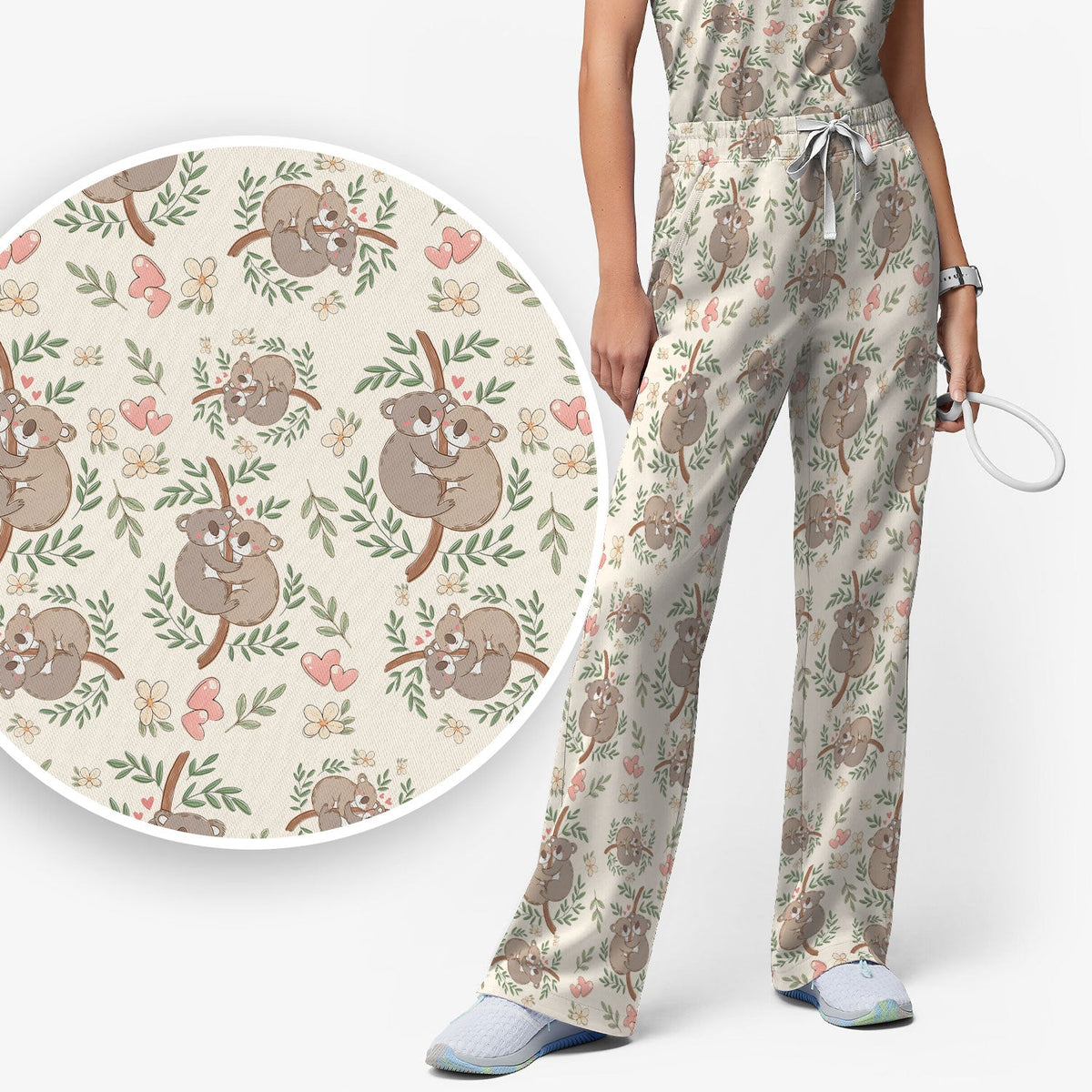 Koala Couple Floral Nurse Scrub Set