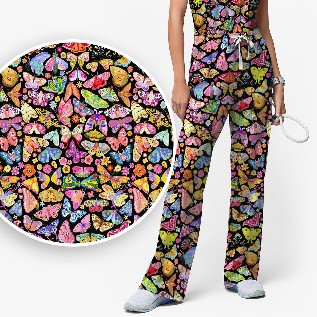 Cute Bright Butterfly Moth Floral Nurse Scrub Set