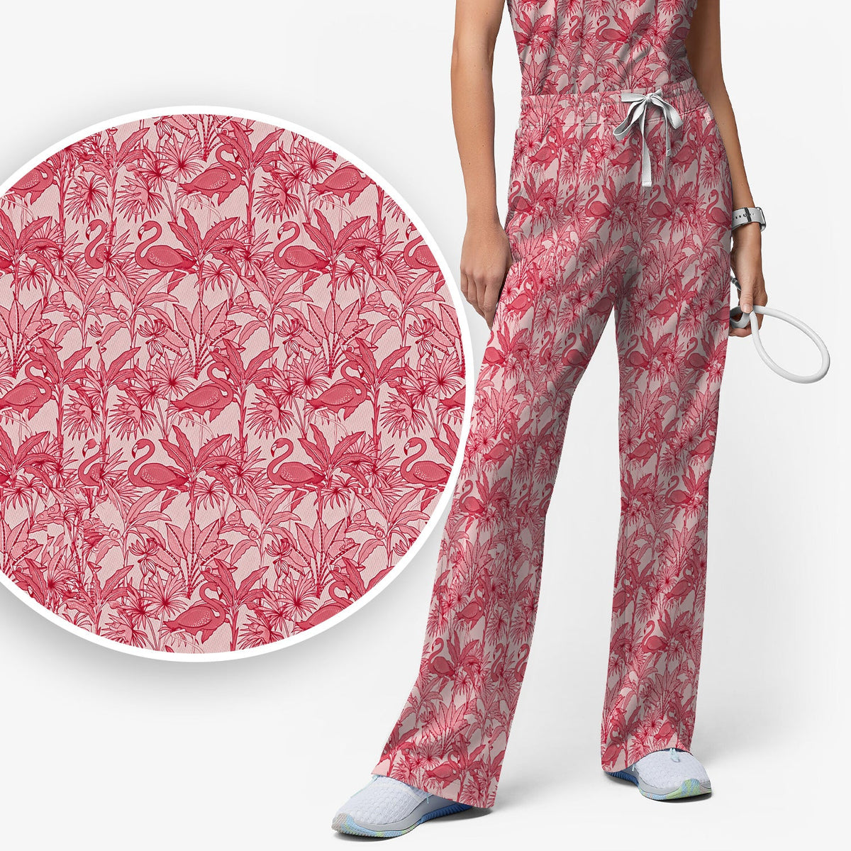 Tropical Flamingo Palm Leaves Nurse Scrub Set