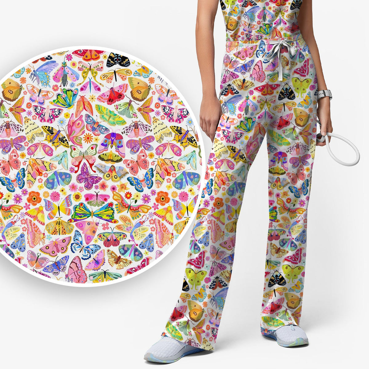 Cute Bright Butterfly Moth Floral Nurse Scrub Set