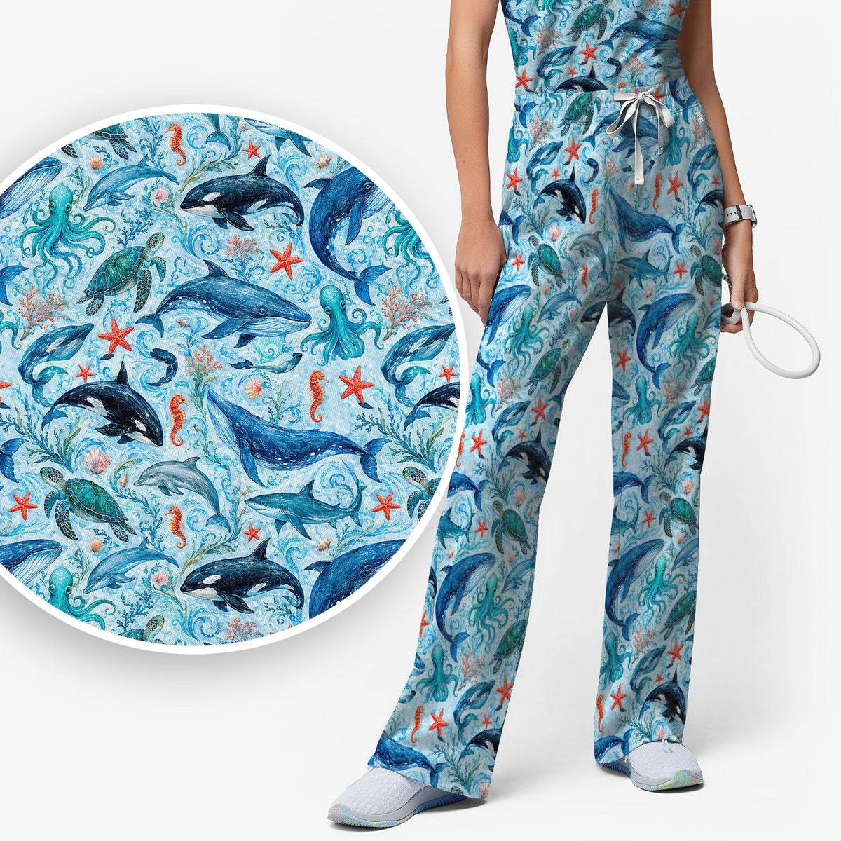 Watercolor Ocean Wildlife Scene Nurse Scrub Set