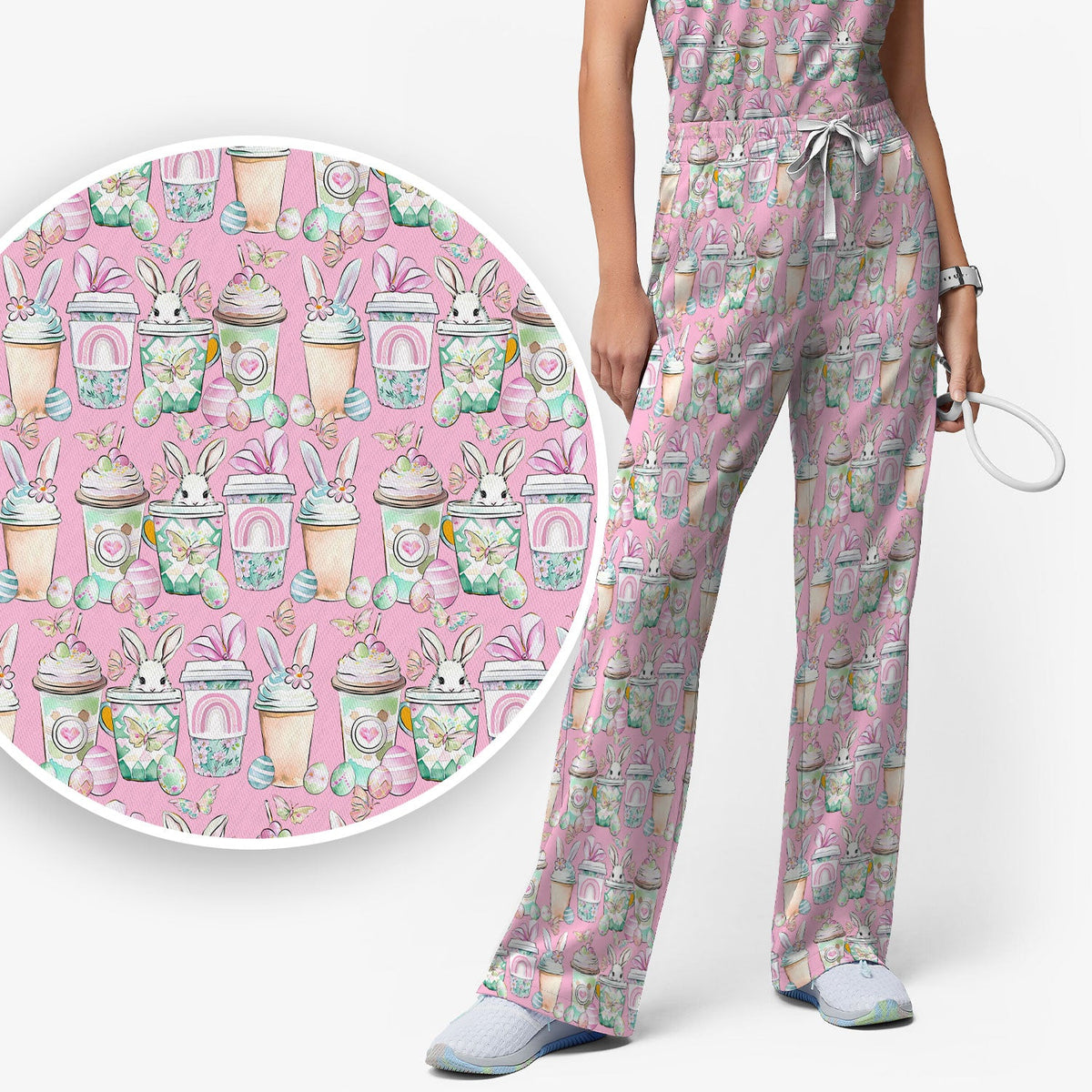 Bunny Coffee Cup Nurse Scrub Set - Easter Gift