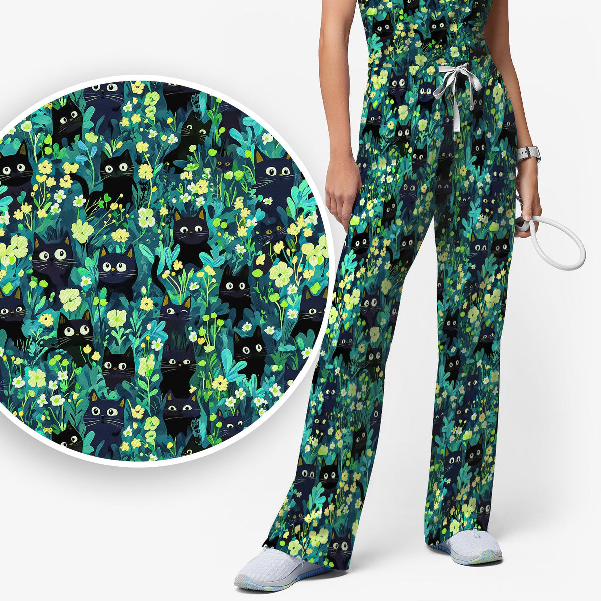 Black Cat Floral Nurse Scrub Set