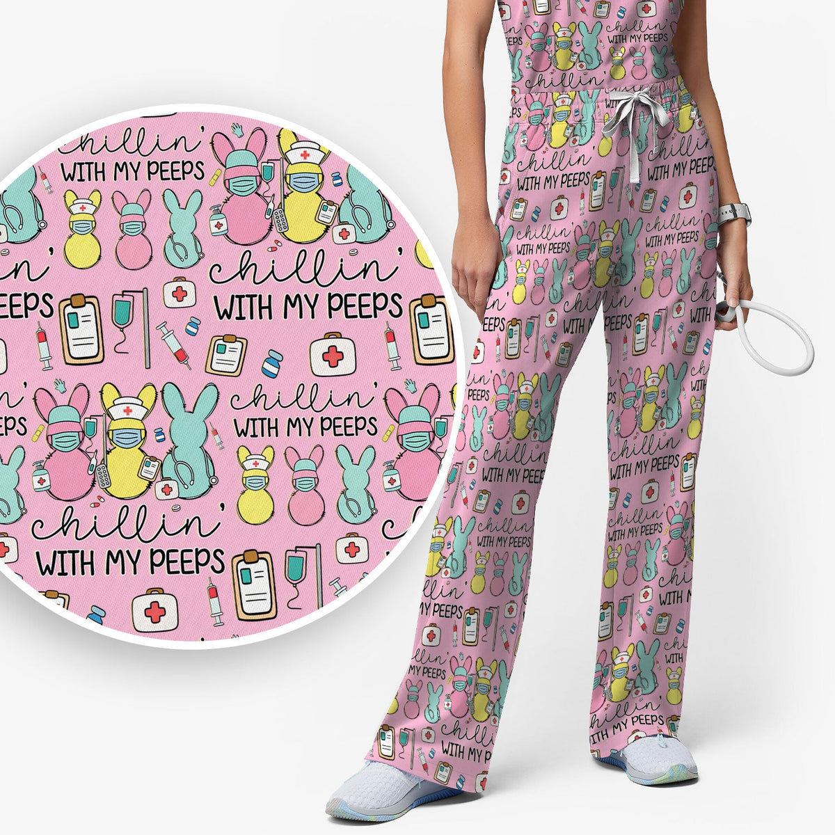 Bunny Nurse Chillin With My Peeps Scrub Set - Easter Gift