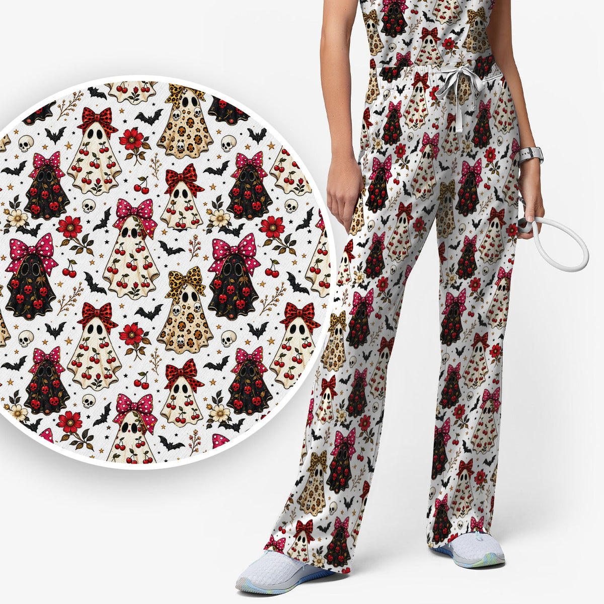 Spooky Ghost Pattern Nurse Scrub Set