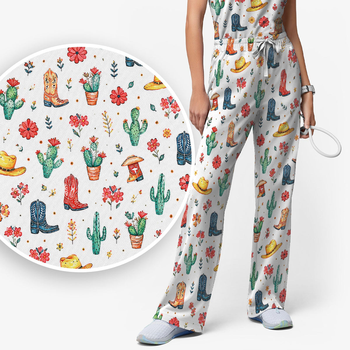 Whimsical Western Cactus Boots Nurse Scrub Set