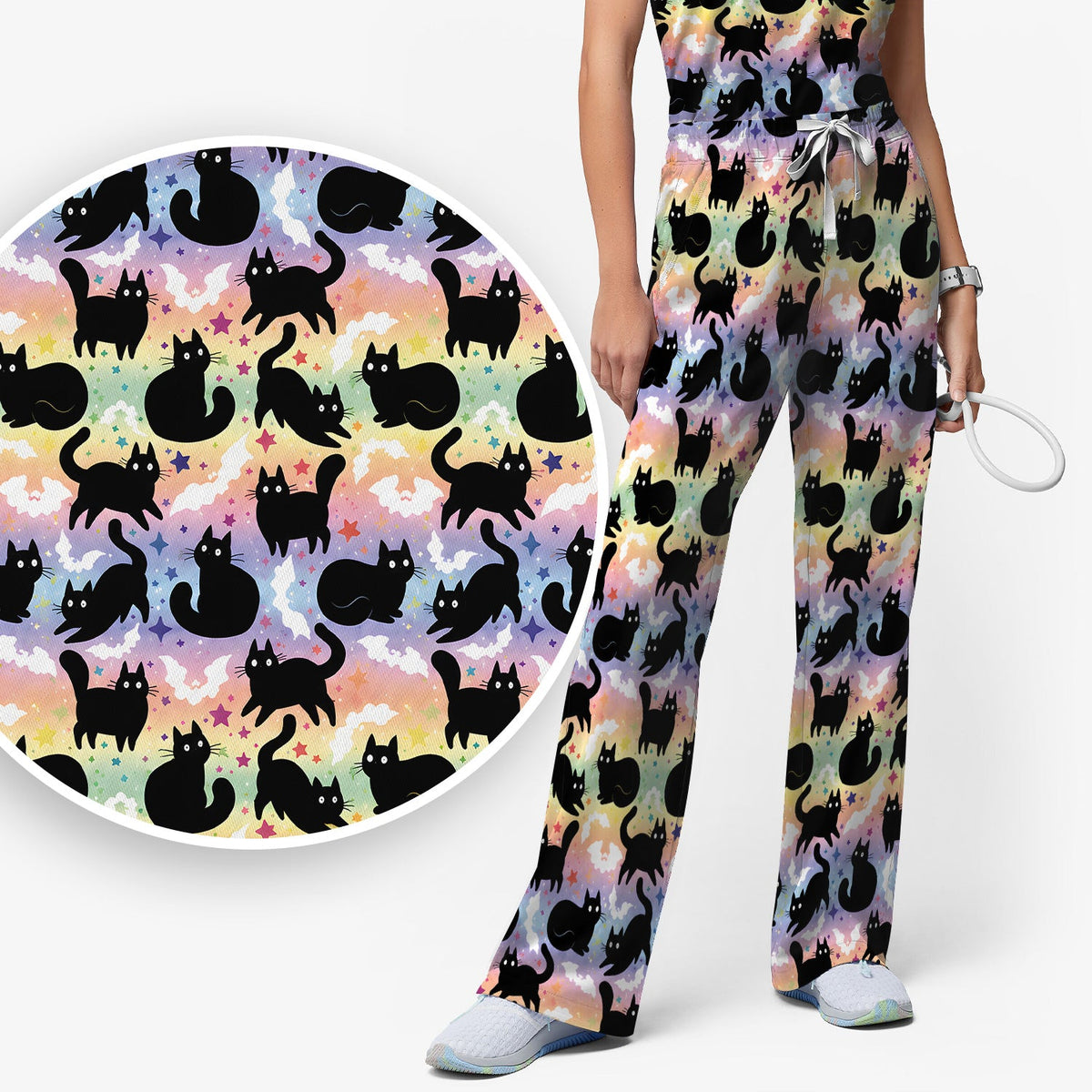 Pastel Star Black Cat Nurse Scrub Set